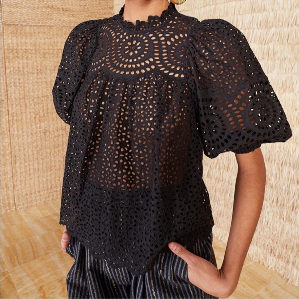 Stunning Black Ulla Johnson Eyelet Lenna Blouse‎ Size 6 Lace Top Puff Sleeve